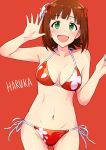  1girl :d amami_haruka ass_visible_through_thighs bad_hands bangs bikini blush breasts brown_hair character_name cleavage collarbone cowboy_shot floral_print flower green_eyes hair_flower hair_ornament hair_ribbon highres idolmaster looking_at_viewer navel open_mouth red_background red_bikini ribbon side-tie_bikini simple_background smile solo string_bikini swimsuit tsurui waving 