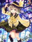  1girl blue_rose floral_print flower fukahire_sanba grey_eyes hat hat_ribbon komeiji_koishi long_sleeves looking_at_viewer open_mouth plant ribbon rose shirt silver_hair skirt smile solo stained_glass third_eye touhou vines wide_sleeves 
