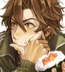  1boy bayashiko brown_eyes brown_hair eating face food food_on_face makizushi male_focus otegine rice rice_on_face short_hair simple_background solo sushi touken_ranbu upper_body white_background 