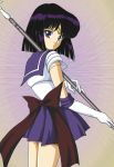  1girl bishoujo_senshi_sailor_moon black_hair bow brown_bow cowboy_shot elbow_gloves gloves hino_ryutaro looking_at_viewer magical_girl over_shoulder pleated_skirt purple_background purple_skirt sailor_collar sailor_saturn short_hair silence_glaive skirt smile solo staff super_sailor_saturn tiara tomoe_hotaru violet_eyes white_gloves 