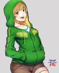  1girl adapted_costume brown_eyes brown_hair candy grey_background hands_in_pockets highres hood hoodie lollipop mouth_hold persona persona_4 satonaka_chie short_hair short_shorts shorts solo tomboy yuuten zipper 