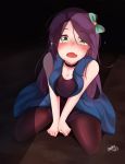  1girl abigail_(stardew_valley) angry_num bare_shoulders barefoot choker crying dress fang green_eyes highres long_hair looking_at_viewer open_mouth pantyhose purple_hair sitting solo stardew_valley tears v_arms wariza 