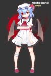  1girl artist_name ascot bandage_over_one_eye bandaged_arm bandaged_leg bandages bat_wings blood blood_on_arm blood_on_face blue_hair character_name dress full_body hat hat_ribbon looking_at_viewer mob_cap papo puffy_sleeves red_eyes remilia_scarlet ribbon sash shoes short_hair short_sleeves simple_background solo touhou wings 