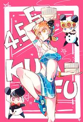  1girl 2boys animal_costume black_hair blonde_hair breasts chibi chinese_clothes giorno_giovanna higashikata_jousuke jojo_no_kimyou_na_bouken kuujou_jolyne midriff multiple_boys panda_costume senzzang 