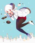  1girl 2015 albino baal_(shiomachi) black_legwear boots breath full_body fur-trimmed_sleeves hand_to_own_mouth hood hoodie looking_at_viewer mittens new_year original pantyhose red_eyes shiomachi short_hair short_shorts shorts sidelocks sky skyline solo star white_eyelashes white_hair 