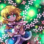  1girl arm_warmers blonde_hair danmaku floral_background green_background green_eyes looking_at_viewer lowres mizuhashi_parsee pointy_ears pote_(ptkan) scarf smile solo tagme touhou 