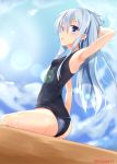  1girl akabane_hibame arm_up armpits blue_eyes blue_hair hibiki_(kantai_collection) kantai_collection long_hair looking_at_viewer open_mouth school_swimsuit sitting solo swimsuit twitter_username wet 