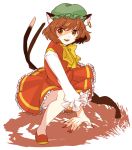  1girl animal_ears brown_eyes brown_hair cat_ears cat_tail chen dress fang fingernails hat jewelry long_fingernails multiple_tails open_mouth single_earring solo tail tama_(hiroshige_36) touhou two_tails 