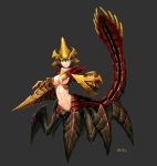  1girl absurdres artist_name brown_hair carapace defense_of_the_ancients dota_2 full_body green_eyes grey_background highres insect_girl looking_at_viewer mcrc_science navel parted_lips sand_king tagme tail 
