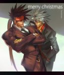  2boys arc_system_works artist_name blazblue brown_hair company_connection crossed_arms crossover formal gairen guilty_gear guilty_gear_xrd hand_in_pocket male_focus manly merry_christmas multiple_boys muscle ponytail ragna_the_bloodedge red_eyes silver_hair sol_badguy spiky_hair suit 
