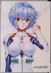  1girl :o arm_at_side ayanami_rei blush bodysuit bracelet breasts collar copyright_name expressionless hair_between_eyes hand_in_hair hand_up headgear highres jewelry large_breasts looking_at_viewer neon_genesis_evangelion number paper parted_lips photo plugsuit red_eyes short_hair silver_hair skin_tight solo traditional_media tsurime upper_body uramachi_(hukahuka_futon) 