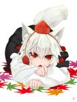  1girl all_fours animal_ears commentary_request detached_sleeves fang hat inubashiri_momiji leaf looking_at_viewer maple_leaf open_mouth pom_pom_(clothes) red_eyes short_hair solo tail tokin_hat touhou triangle_mouth white_hair wide_sleeves wolf_ears wolf_tail yes_warabi 