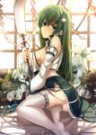  1girl backlighting breasts closed_eyes detached_sleeves flower frog_hair_ornament green_eyes green_hair hair_ornament highres janne_cherry kochiya_sanae lily_(flower) long_sleeves looking_at_viewer no_bra oonusa revision sideboob sitting skirt snake_hair_ornament solo thigh-highs touhou white_legwear 