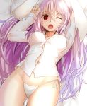  1girl animal_ears arm_up breasts cowboy_shot large_breasts long_hair long_sleeves looking_at_viewer lying navel no_pants on_back one_eye_closed open_mouth panties pillow purple_hair rabbit_ears red_eyes reisen_udongein_inaba shiron_(e1na1e2lu2ne3ru3) shirt side-tie_panties solo thighs touhou underwear very_long_hair white_panties 