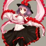  1girl black_legwear capelet commentary_request covered_navel cowboy_shot crayon_(medium) frilled_sleeves frills hat hat_ribbon lavender_hair long_sleeves nagae_iku navel pantyhose red_eyes ribbon shawl shirt skirt smile solo touhou traditional_media wide_sleeves zibun_owl 