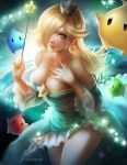  1girl artist_name bare_shoulders blonde_hair blue_dress blue_eyes breasts chiko_(mario) cleavage crown dress earrings earth frilled_dress frills hair_over_one_eye hand_on_own_chest jewelry large_breasts lips looking_at_viewer super_mario_bros. neck rosetta_(mario) smile space sparkle star star_earrings super_mario_bros. super_mario_galaxy thighs vengarlsolarblade wand 