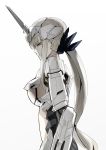  1girl armor breasts closed_eyes gundam gundam_unicorn highres i.takashi mecha_musume open_mouth ponytail side_view solo unicorn_gundam white_hair 