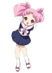  1girl :d arms_behind_back bangs big_hair bishoujo_senshi_sailor_moon blue_skirt chibi_usa child double_bun ear_studs earrings full_body jewelry leaning_forward open_mouth parted_bangs pink_eyes pink_hair pleated_skirt ribbon-trimmed_shoes ribbon_trim school_uniform serafuku skirt smile socks solo twintails white_background white_legwear yupachi 