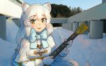  1girl :d animal_ear_fluff animal_ears arctic_fox_(kemono_friends) bangs blue_neckwear bow bowtie brown_eyes capelet commentary day extra_ears eyebrows_visible_through_hair fox_ears fur-trimmed_sleeves fur_trim gloves highres instrument instrument_request kemono_friends long_hair long_sleeves looking_at_viewer music open_mouth outdoors playing_instrument signature smile snow solo welt_(kinsei_koutenkyoku) white_gloves white_hair 