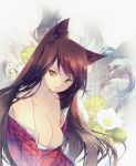  1girl ahri animal_ears babu523 bare_shoulders breasts cleavage collarbone detached_sleeves facial_mark flower fox_ears fox_tail korean_clothes large_breasts league_of_legends looking_at_viewer low_neckline multiple_tails portrait solo tail whisker_markings yellow_eyes 