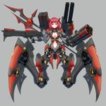  1girl absurdres extra_arms grey_background highres mcrc_science mecha_musume mechanical_legs multiple_arms original polearm railgun red_eyes redhead rocket_launcher spear tagme weapon 