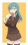  /\/\/\ 1girl aqua_hair ascot blazer blush border brand_name_imitation brown_jacket brown_legwear brown_skirt buttons collared_shirt doutor_coffee eating eyebrows eyebrows_visible_through_hair eyelashes food green_eyes holding holding_cup holding_food hot_dog jacket kantai_collection kugui_kiyunemu long_hair long_sleeves looking_at_viewer pleated_skirt shirt simple_background skirt solo surprised suzuya_(kantai_collection) sweat sweatdrop tareme thigh-highs white_border white_shirt wide-eyed yellow_background zettai_ryouiki 