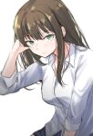  1girl brown_hair closed_mouth dress_shirt eyebrows_visible_through_hair green_eyes hand_in_hair highres idolmaster idolmaster_cinderella_girls long_hair looking_at_viewer shibuya_rin shirt simple_background sleeves_rolled_up solo unu_(unucence) white_background white_shirt 