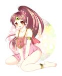  1girl :p anklet armband bare_shoulders barefoot blush brown_eyes brown_hair circlet dress fire_emblem fire_emblem:_mystery_of_the_emblem jewelry linda_(fire_emblem) long_hair miyako_(mongcocoa) pink_dress ponytail side_slit smile solo strapless strapless_dress tongue tongue_out 