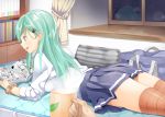  1girl :d alternate_costume aqua_hair bag blue_eyes blush book bookshelf cityscape coffee_cup commentary_request curtains duffel_bag from_side glass hair_ornament hairclip highres holding holding_book holding_cup horizontal-striped_legwear kantai_collection leaf_print long_hair long_sleeves lying manga_(object) mattress on_bed on_stomach open_book open_mouth orange_legwear pillow pleated_skirt pov profile reading reflection scrunchie shelf shirt shizuka_(deatennsi) skirt sleeves_past_elbows sleeves_pushed_up smile solo_focus steam striped striped_legwear suzuya_(kantai_collection) sweat sweatdrop thigh-highs thighs white_shirt window windowsill wrist_scrunchie zettai_ryouiki 