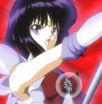  1girl bishoujo_senshi_sailor_moon black_hair bow brooch elbow_gloves gloves hino_ryutaro jewelry magical_girl open_mouth red_background red_bow sailor_saturn serious short_hair solo staff tiara tomoe_hotaru upper_body violet_eyes white_gloves 