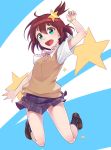  1girl aqua_eyes arm_up black_legwear brown_hair hair_ornament jumping konnyaku_(kk-monmon) luluco plaid plaid_skirt ribbon school_uniform short_hair short_sleeves side_ponytail skirt smile socks solo star star_hair_ornament two-tone_background uchuu_patrol_luluco 