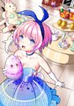 1girl absurdres bare_shoulders blue_eyes blush bow breasts choker cleavage commentary dou_(pixiv) dress easter easter_egg egg elbow_gloves gloves hair_ribbon hairband highres large_breasts looking_at_viewer open_mouth personification pink_hair ponytail ranger_(zhan_jian_shao_nyu) ribbon smile solo stuffed_animal stuffed_toy zhan_jian_shao_nyu 