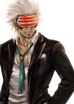  1boy aqua_necktie collarbone collared_shirt facial_hair facing_viewer godot goggles gyakuten_saiban hands_in_pockets head_mounted_display jacket long_sleeves looking_to_the_side mask necktie open_clothes open_jacket shirt simple_background solo stubble upper_body white_background white_hair yumi_(soak1111) 