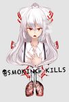 1girl bow commentary_request english flower fujiwara_no_mokou grey_background hair_bow hand_on_own_chest long_hair looking_at_viewer lungs open_mouth red_eyes simple_background smoking solo suspenders touhou triangle_mouth white_hair yes_warabi 