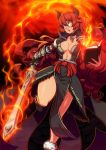  1girl armor asymmetrical_clothes book breasts choker cleavage collarbone fire flame flaming_sword horns koi_drake large_breasts loincloth long_hair looking_at_viewer open_book redhead running sash standing_on_one_leg sword vambraces weapon yellow_eyes 