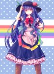  1girl absurdres arm_up blue_hair blue_skirt blush boots brown_boots cross-laced_footwear food frilled_skirt frills fruit hand_on_hip hat highres hinanawi_tenshi lipstick long_hair looking_at_viewer makeup peach polka_dot polka_dot_background puffy_short_sleeves puffy_sleeves rainbow_order red_eyes salute short_sleeves skirt smile solo standing t.m_(aqua6233) touhou two-finger_salute v very_long_hair 