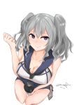  1girl absurdres alternate_costume bare_shoulders between_legs blue_eyes breasts ccc3360 cosplay covered_nipples from_above heart heart-shaped_pupils highres kantai_collection kashima_(kantai_collection) large_breasts long_hair looking_at_viewer ro-500_(kantai_collection) ro-500_(kantai_collection)_(cosplay) sailor_collar school_swimsuit shoes signature silver_hair smile solo swimsuit swimsuit_under_clothes symbol-shaped_pupils tagme torpedo wavy_hair 