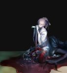  1girl barefoot black_background blonde_hair blood blood_on_face bloodborne bloody_clothes cane fangs gloves grin iosefka monster murai_shinobu ponytail smile teeth threaded_cane tongue werewolf 