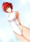  1girl 286c :/ antenna_hair arms_behind_back bare_arms bare_legs bare_shoulders blue_background blush breasts closed_mouth collarbone competition_swimsuit copyright_name covered_navel cowboy_shot dutch_angle expressionless fire_emblem fire_emblem_if groin highres hinoka_(fire_emblem_if) legs_together looking_at_viewer one-piece_swimsuit red_eyes redhead short_hair sideboob simple_background skin_tight solo standing swimsuit thighs 