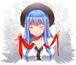  1girl black_hat blue_hair bowler_hat breasts center_frills cleavage closed_eyes closed_mouth collarbone collared_shirt flower hat hinanawi_tenshi large_breasts long_hair necktie neropaso partially_colored red_necktie shirt sidelocks simple_background smile solo touhou undone_necktie upper_body very_long_hair white_background white_shirt 