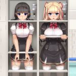  2girls black_hair blonde_hair blue_eyes bottle bound bound_wrists bow breasts cuffs eto garter_straps hair_ribbon handcuffs highres locker long_hair looking_at_viewer multiple_girls original panties pantyshot pantyshot_(standing) restrained revision ribbon school_uniform skirt standing stationary_restraints thigh-highs twintails two_side_up underwear white_legwear white_panties 