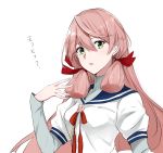  1girl akashi_(kantai_collection) breasts green_eyes hair_between_eyes hair_ribbon kantai_collection long_hair long_sleeves looking_at_viewer morinaga_(harumori) open_mouth pink_hair puffy_short_sleeves puffy_sleeves ribbon school_uniform serafuku short_sleeves simple_background solo translated tress_ribbon twintails upper_body white_background 