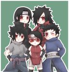  1girl 4boys :t absurdres black_hair family forehead_protector hair_over_one_eye hands_on_hips highres looking_at_viewer mizuchi_(putisizuku) multiple_boys naruto naruto_shippuuden pout red_eyes sharingan spiky_hair time_paradox uchiha_itachi uchiha_madara uchiha_obito uchiha_sarada uchiha_sasuke 