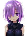  1girl :o bare_shoulders black_gloves blush bodysuit breasts collar elbow_gloves expressionless eyelashes fate/grand_order fate_(series) gloves large_breasts looking_at_viewer parted_lips pink_hair sen_(astronomy) shielder_(fate/grand_order) short_hair simple_background skin_tight solo tareme upper_body violet_eyes white_background 
