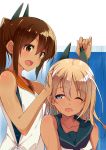  2girls bare_shoulders blonde_hair blue_eyes brown_eyes brown_hair hair_ornament i-401_(kantai_collection) kantai_collection minoinomi multiple_girls one-piece_tan one_eye_closed open_mouth ponytail ro-500_(kantai_collection) sailor_collar tan tanline water wet 