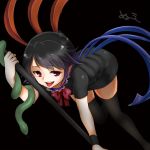  1girl asymmetrical_wings bent_over black_background black_hair black_legwear houjuu_nue monrooru open_mouth pointy_ears polearm red_eyes solo tongue tongue_out touhou weapon wings 