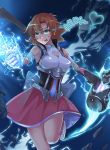 1girl :p bangs bow breasts brown_hair cleavage cleavage_cutout electricity gloves green_eyes heart mai_(xskdizzy) nora_valkyrie orange_hair pink_gloves pink_skirt rwby shoes short_hair skirt sneakers standing_on_one_leg tongue tongue_out warhammer weapon white_shoes 