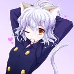  1girl ;) adjusting_hair animal_ears arms_up bunching_hair cat_ears cat_tail commentary_request curly_hair heart hunter_x_hunter looking_at_viewer nefelpitou one_eye_closed red_eyes rubber_band short_hair silver_hair slit_pupils small_breasts smile solo tail upper_body watarui 