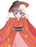  1girl blush bowl bowl_hat flower hair_flower hair_ornament hat japanese_clothes looking_at_viewer open_mouth purple_hair solo sukuna_shinmyoumaru tama_(hiroshige_36) touhou violet_eyes 