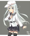  1girl belt black_legwear blush commentary_request dated flat_cap grey_eyes hammer_and_sickle hat hibiki_(kantai_collection) kantai_collection long_hair looking_at_viewer nonono_(mino) pleated_skirt raised_hand school_uniform serafuku silver_hair skirt solo sparkle star thigh-highs verniy_(kantai_collection) 